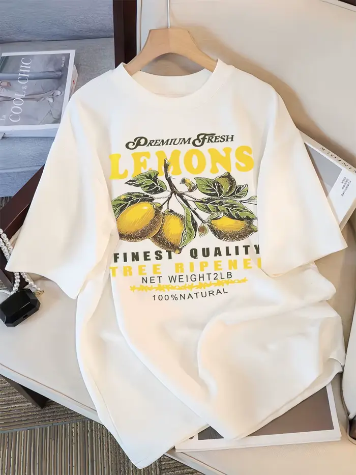 Citrons Fruits Premium frais impression t-shirt femme ample coton vêtements de sport col rond décontracté t-shirts