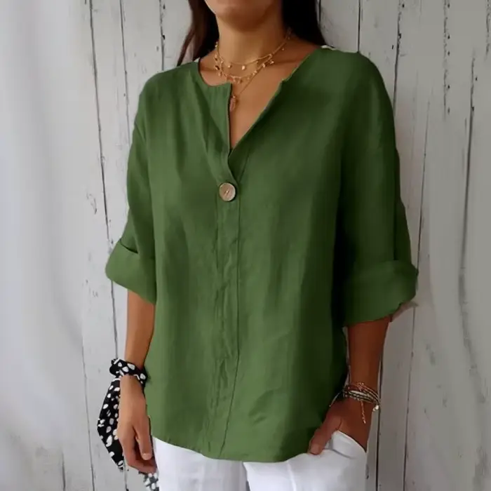 Lâche coton lin boutonné col en V t-shirt femmes été nouveau Style transfrontalier haut décontracté à la mode coupe