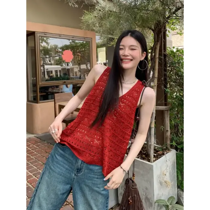 Débardeur en tricot ajouré rouge pour femme