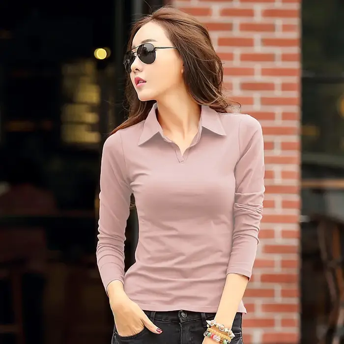 Solide T-Shirt Femme 2024 col rabattu femmes à manches longues hauts printemps complet mince coton