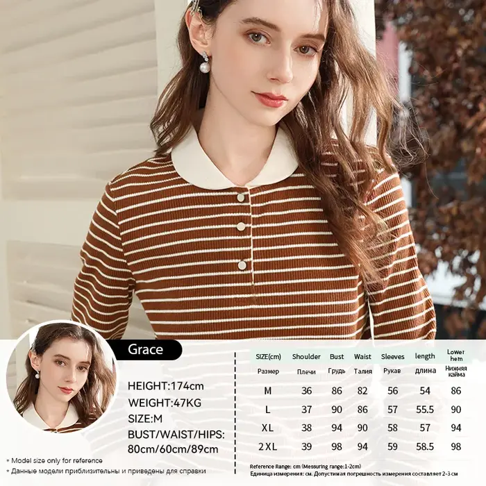 Je crois vous hauts à manches longues pour femme 2025 hiver rétro marron rayé col rabattu tricot T-shirt