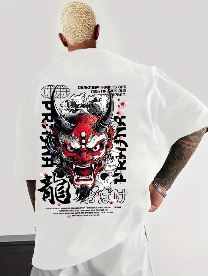 T-shirt rouge avec impression de Hannya Oni Dragon Sakura Kanji au dos