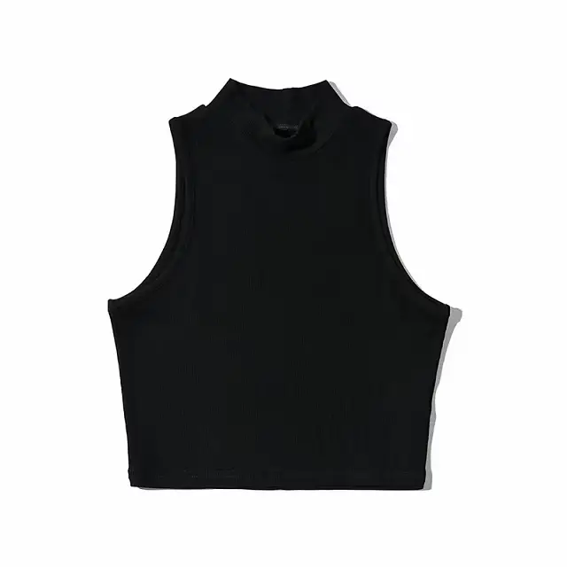 Haut court à col haut pour femme, noir, fibre précieuse, coupe respirante et confortable, mode estiv