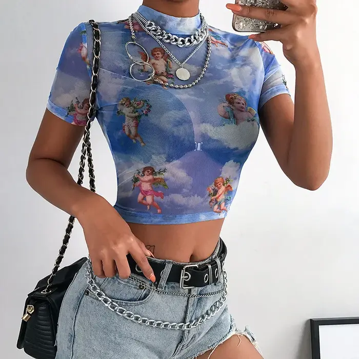 T-shirt manches courtes col montant femme, Streetwear, Harajuku, Sexy, en maille, ange imprimé, offr