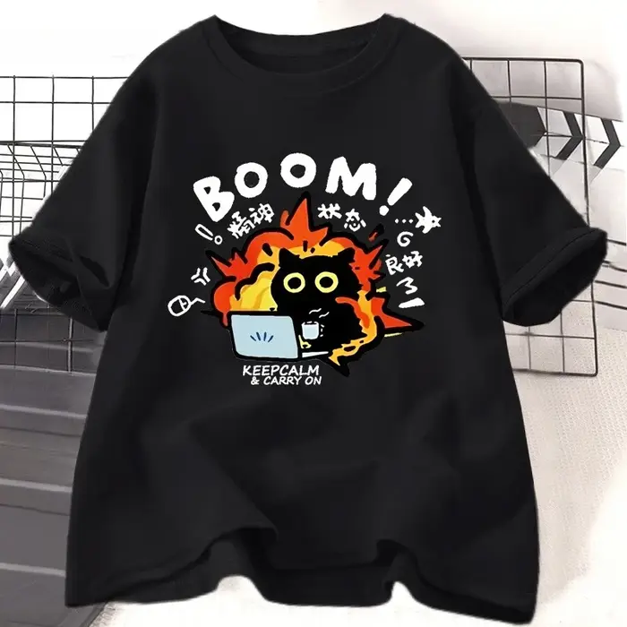 T-shirt Crazy Cat pour hommes et femmes, T-shirt drôle avec chat, décontracté, col rond, manches cou