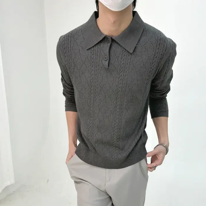 Polo en tricot jacquard pour homme, style rétro, manches longues, col à revers