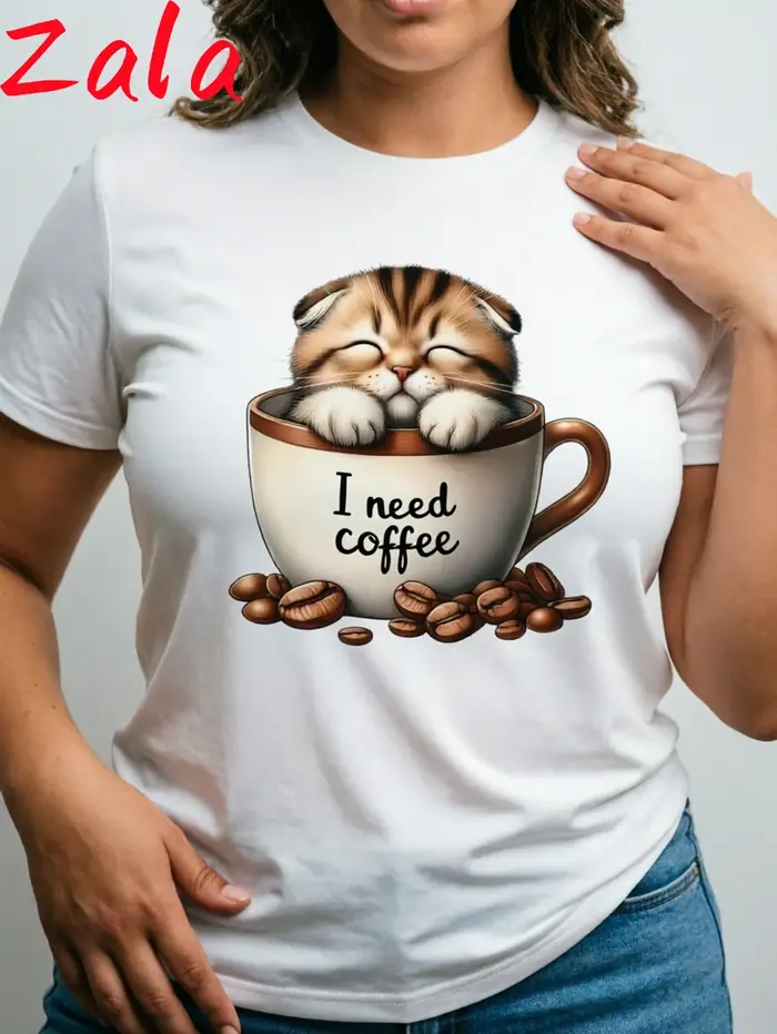 T-shirt imprimé graphique chaton et café pour femme