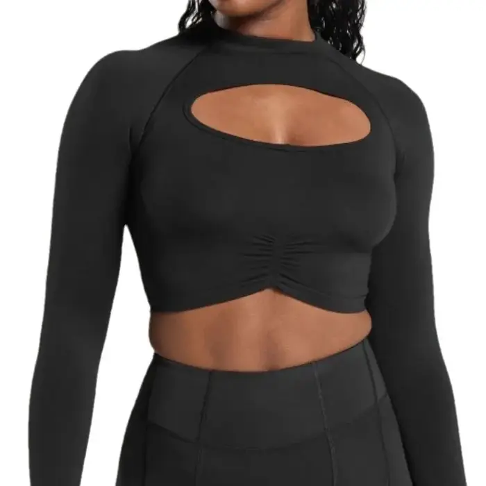 Haut court sans couture à manches longues pour femmes avec soutien-gorge rembourré fixe – Conception