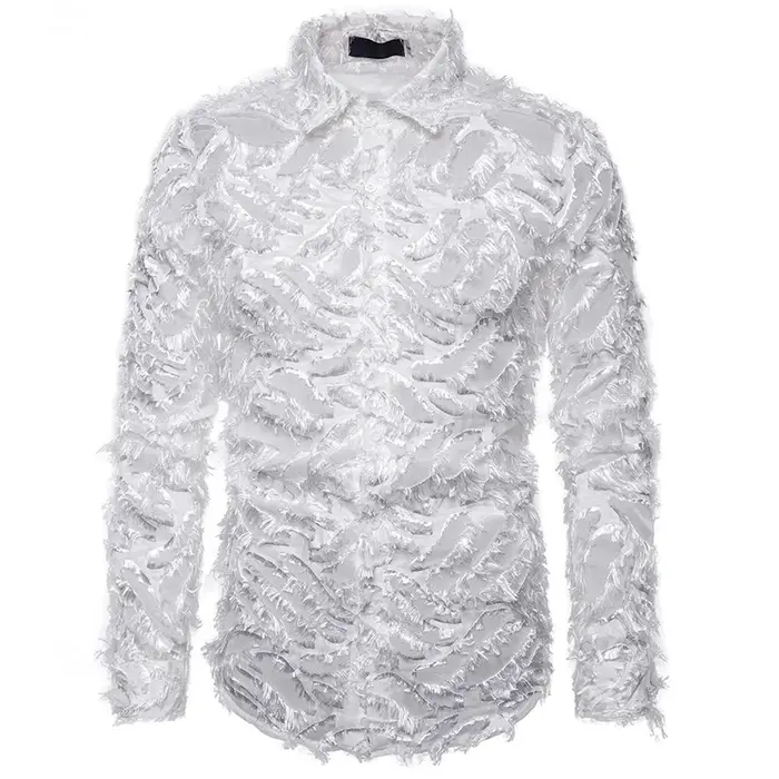 Chemise noire sexy à manches longues et plumes pour hommes