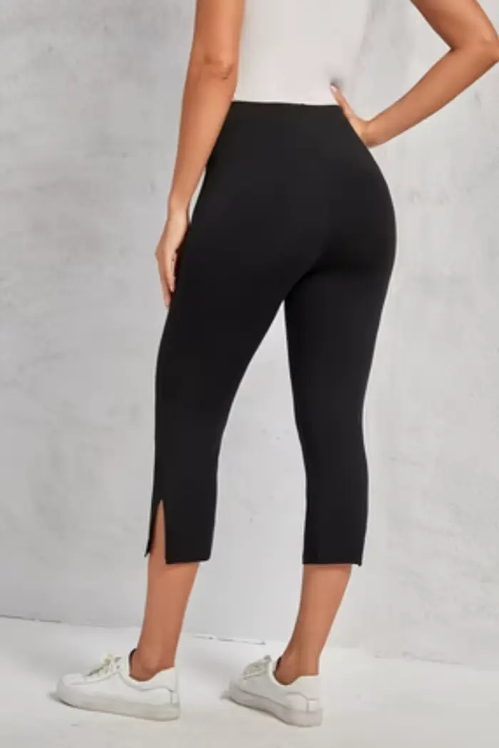 Pantalon noir taille haute fendu pour femmes, mode sept-huitième