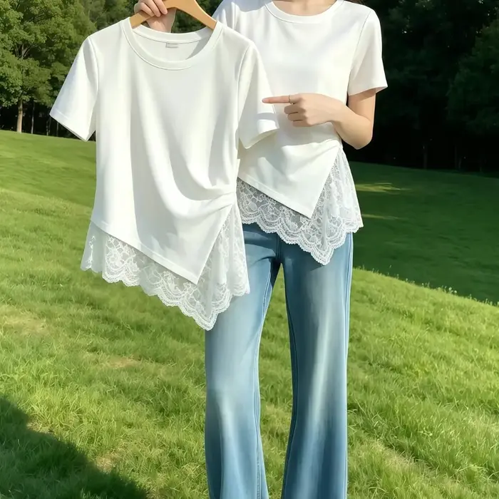 T-shirt gris à ourlet asymétrique avec détails en dentelle pour femme