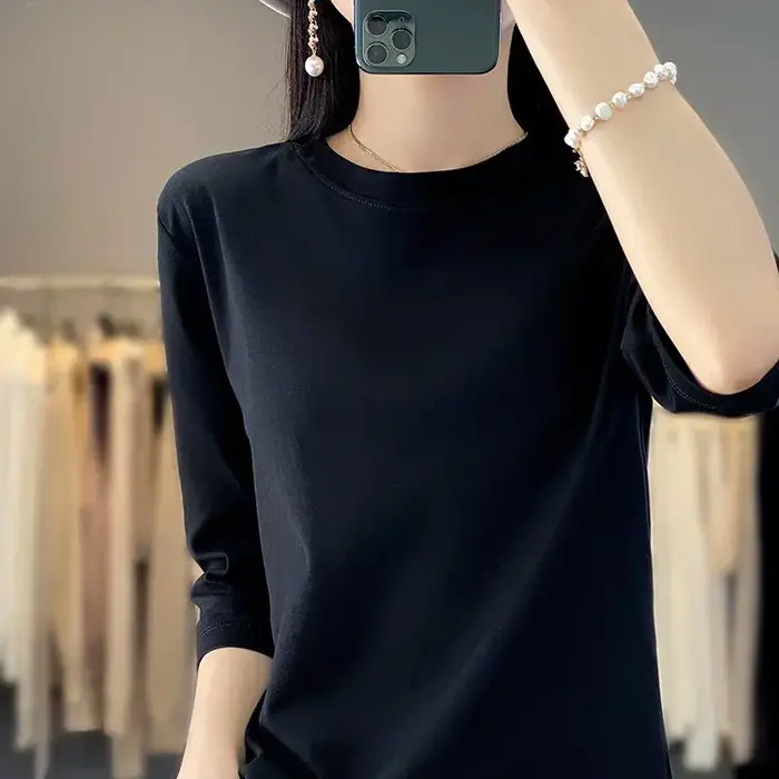 T-shirt 100 % coton à manches trois-quarts pour femme