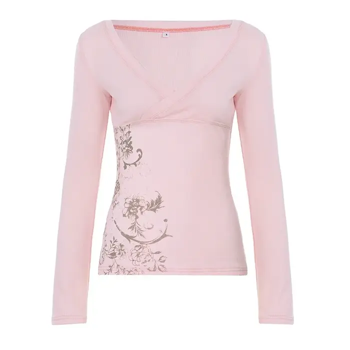 T-shirt femme à imprimé floral rose, style Y2K, col en V, manches longues, hauts décontractés d'auto