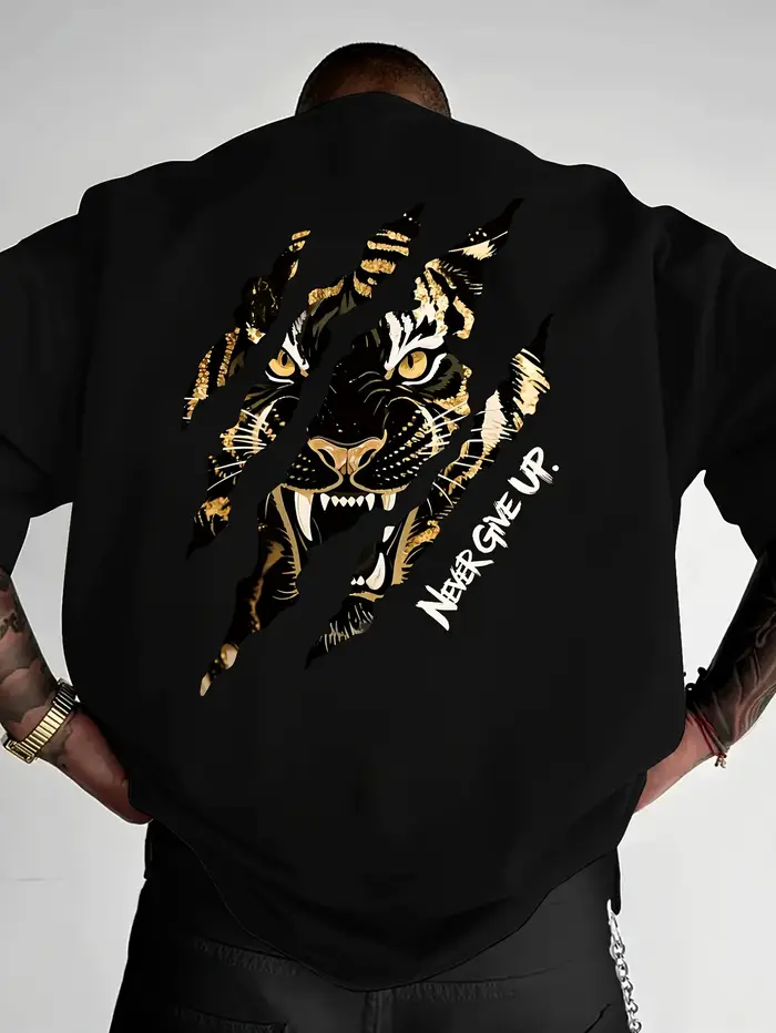T-shirt pour homme en coton 100% doux de qualité supérieure avec impression « Tiger Claw Mark Never Give Up »