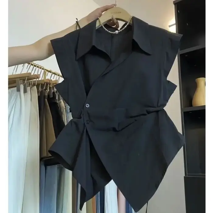 Chemise sans manches pour femmes, couleur unie, plissée, col POLO irrégulier, taille, nouveau Style 