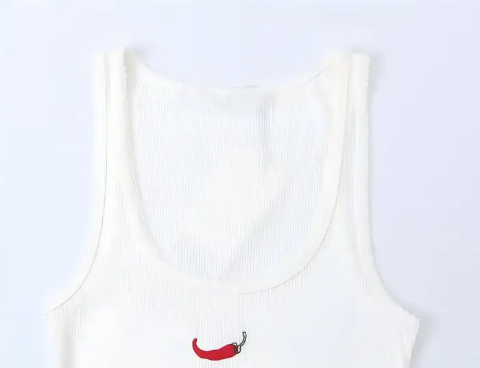 Débardeur sans manches pour femme - Gilet côtelé à col rond avec broderie Chili
