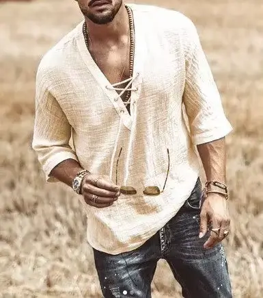 T-shirt manches courtes col en V pour homme, en lin naturel, à lacets sur la poitrine, coupe ample, 