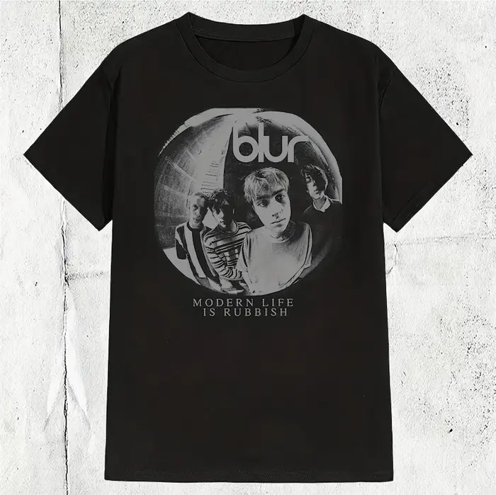 T-shirt vintage des années 90 de la groupe Blur, logo emblématique, impression de paroles de chanson