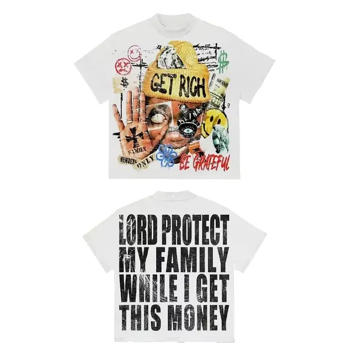 T-shirt à manches courtes pour hommes, motif Y2K, "obtenir riche et Dieu bénisse votre famille", slo