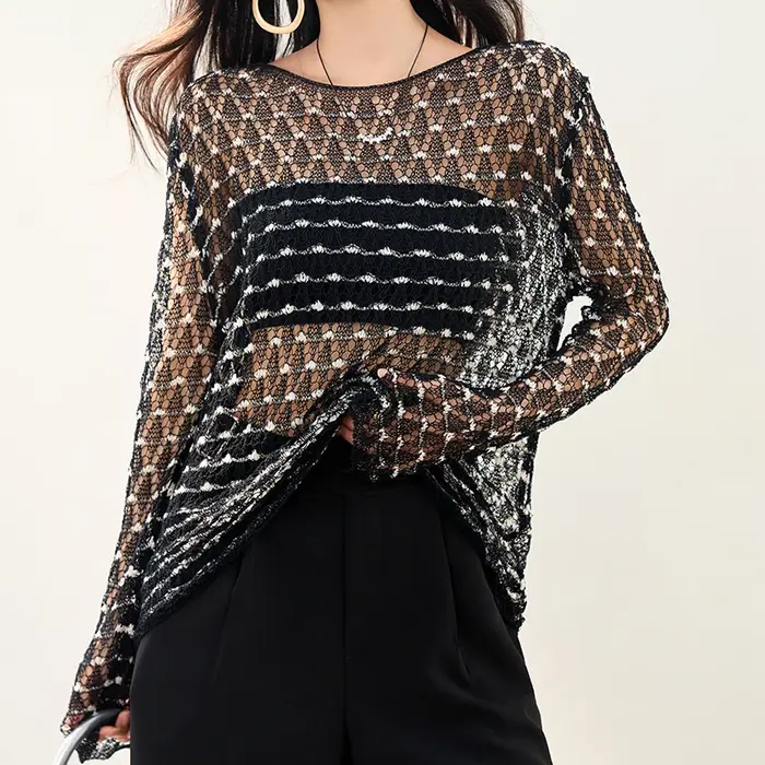 Hauts transparents chemises femmes 2025 nouvel été col rond à manches longues au crochet découpé tricoté