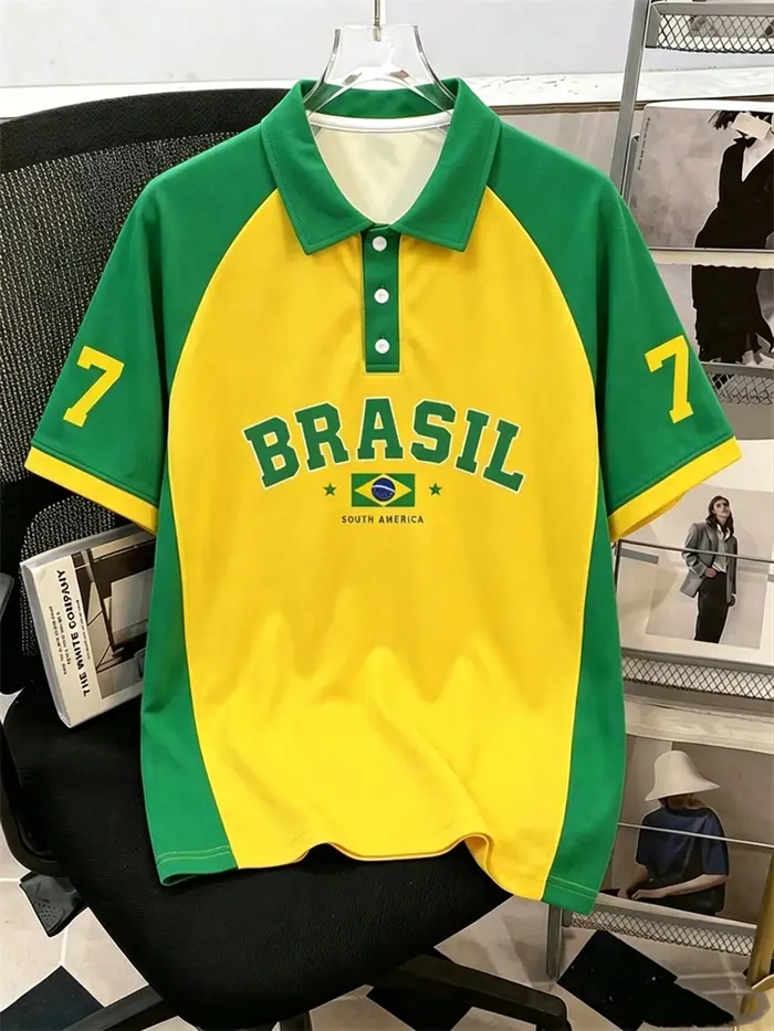 Nouveau T-shirt Polo Homme à Manches Courtes Motif Drapeau Brésilien Style Sportif T-shirt Décontrac