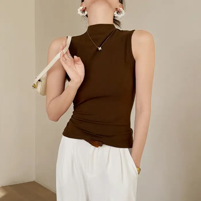 Débardeur à Col Rond pour Femme, Couleur Unie, Style Français, NikBasique, Mode, Fibre d'Été, Doux, 