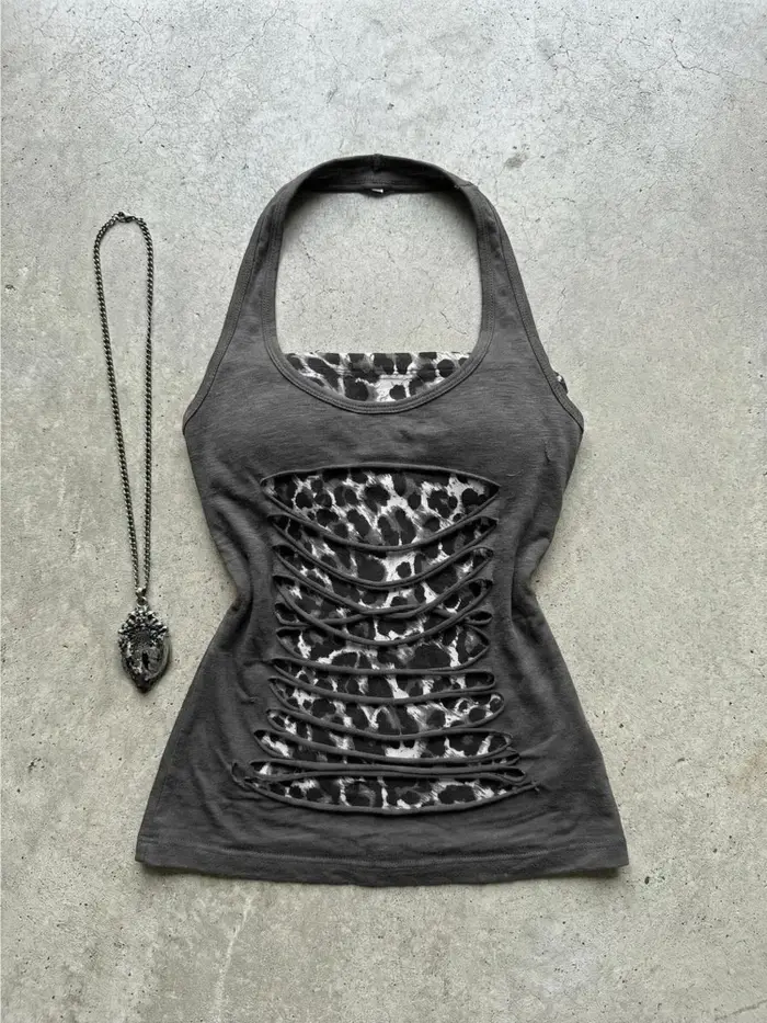Débardeur Halter Léopard Esthétique Y2K Effet Deux Pièces pour Femme, Crop Top Patchwork Harajuku Gr
