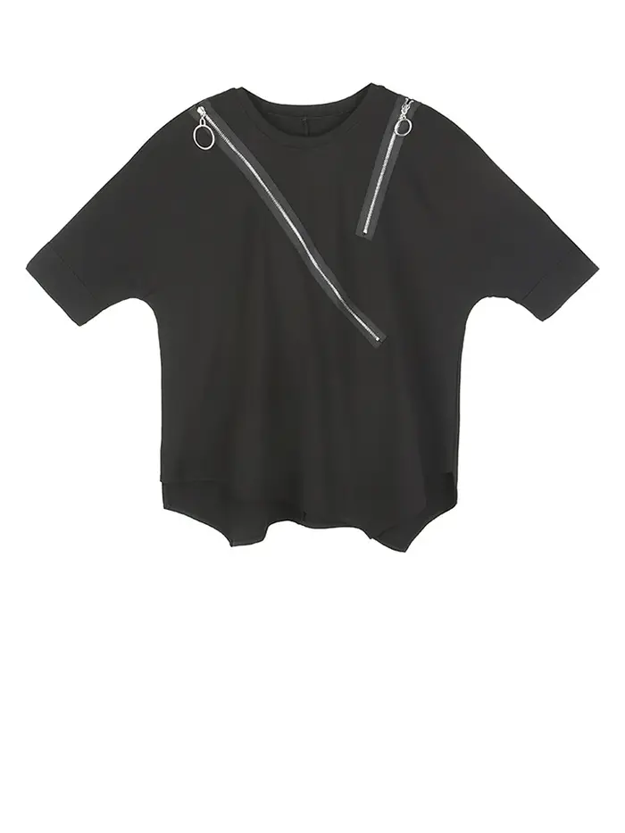 EAM femmes noir asymétrique Sittch grande taille T-shirt nouveau col rond à manches longues mode mar