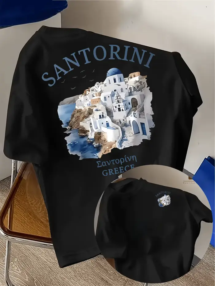 T-shirt pour homme en coton 100% avec imprimé de l'île de Santorin en Grèce