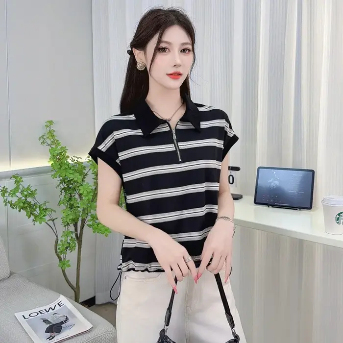 Polo rayé pour femme à manches chauve-souris