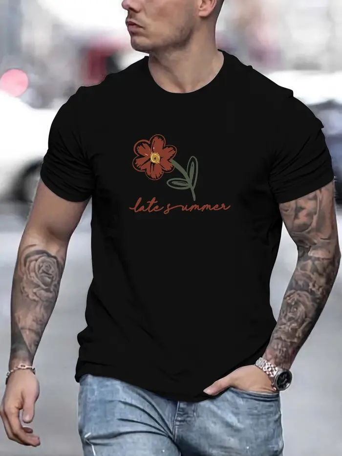 T-Shirt pour hommes, élégant, fin d'été, graphique floral, délicat, rétro, typographie imprimée, hau