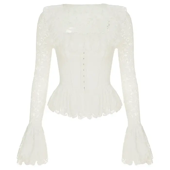 T-shirt rétro en dentelle pour femmes, col carré, fermeture à crochet et oeil, manches pétales, tail