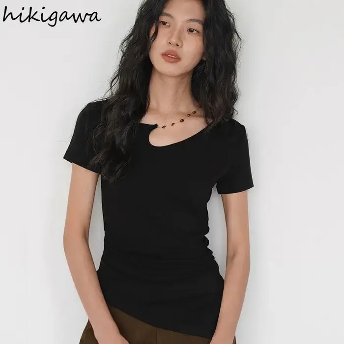 T-shirts Femme Noire 2026 – Tunique à Manches Courtes en Coton Y2K – Hauts Décontractés et Sexy pour l'Été – Style Coréen – Camisetas