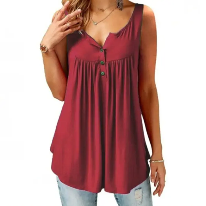 Femmes chaudes débardeur ample solide col en U femme Camisole sans manches plissé débardeur dames bouton 2020 été femmes gilet ample