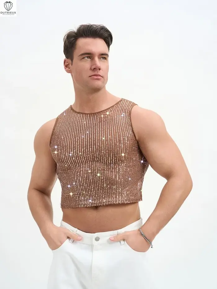Débardeur court à paillettes pour homme – Gilet sans manches scintillant pour soirée