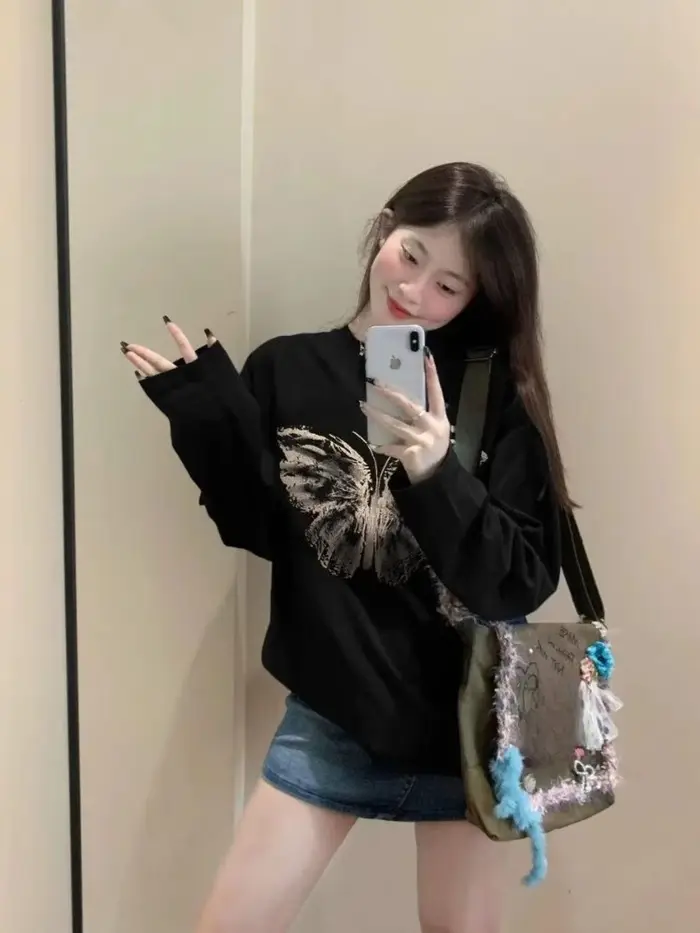 T-shirt ample à manches longues pour femmes, 100% coton, imprimé rétro, haut basique décontracté pour printemps et automne, mode, vêtements confortables et tendance