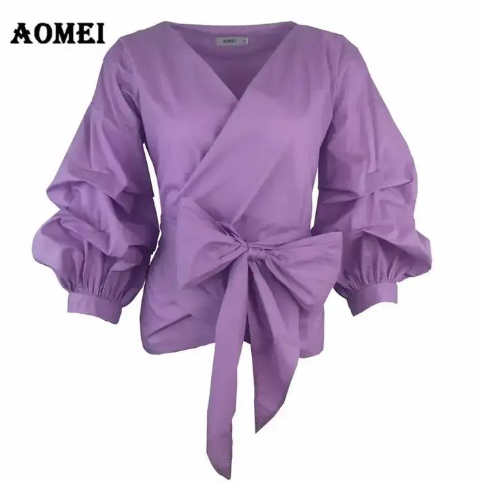 Femmes chemisier jaune Peplum hauts avec ceinture de taille noeud papillon manches bouffantes col en V dame chemises d'été vêtements féminins Blusas africain nouveau