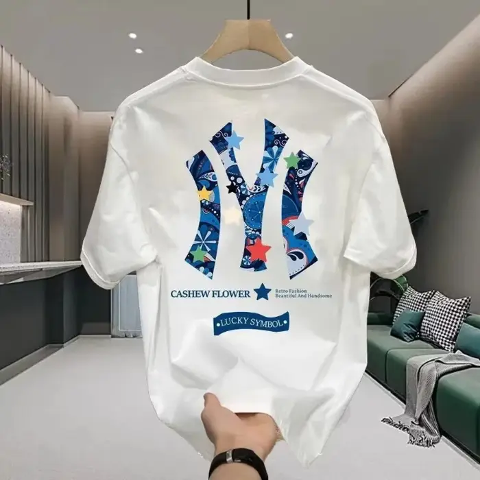 T-shirt Homme Coton Épais Marque Tide 2026 – Tendance Été Décontracté Col Rond Ample Imprimé – Vêtement Masculin