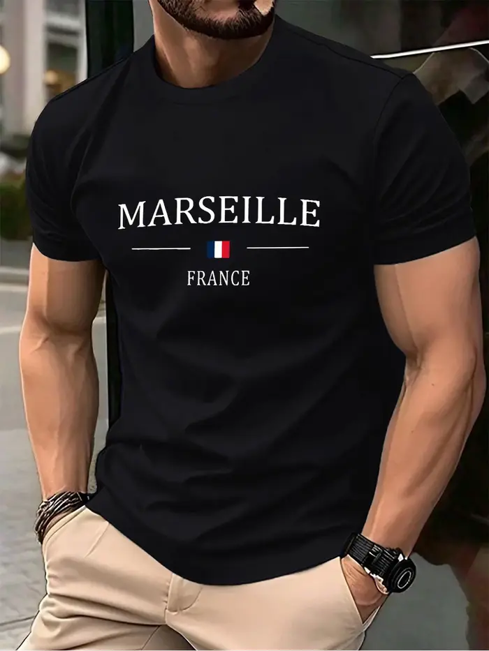 Marseille France drapeau impression coton T-Shirts hommes été surdimensionné col rond t-shirt à manches courtes doux hauts vêtements masculins de base