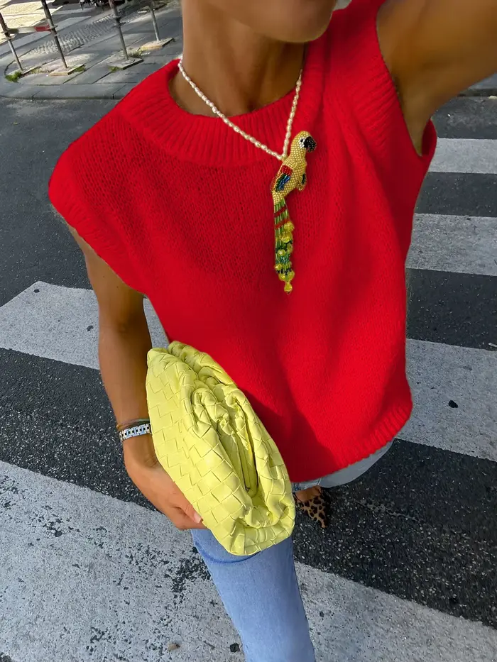 Débardeur en tricot rouge sans manches pour femme, col rond, uni, basique, style streetwear décontra