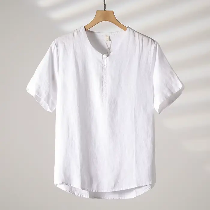 T-shirt 100% lin, mode outdoor, fermeture boutonnée rétro, ample et respirant, confortable, t-shirt 