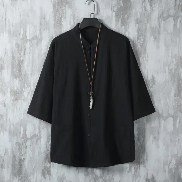 Chemise à col mandarin unie légère pour homme, manches courtes, style Kung Fu, haut décontracté avec