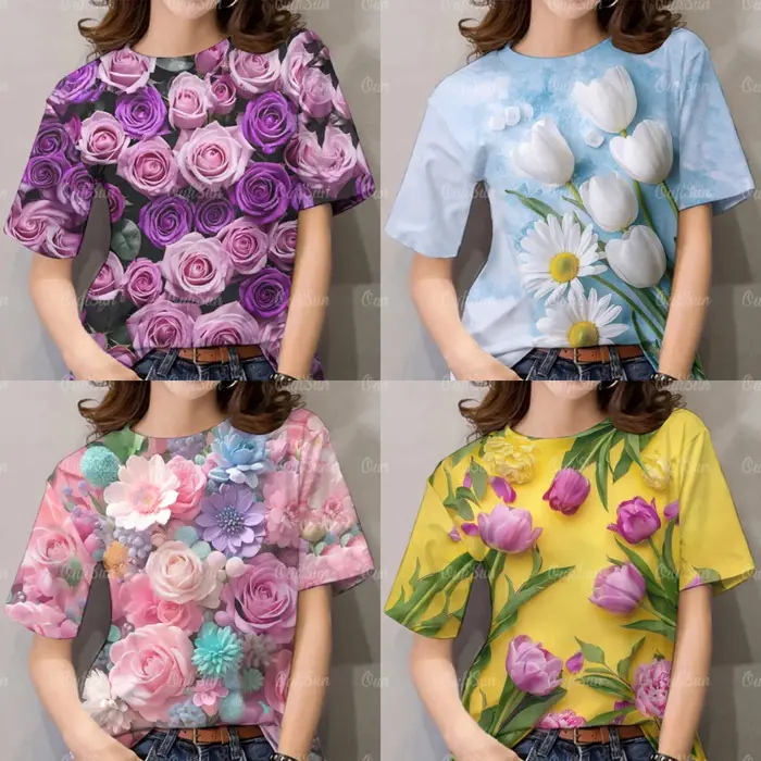 T-shirt pour femme à imprimé floral tendance - Cadeau de la Saint-Valentin avec technologie d'impression numérique 3D