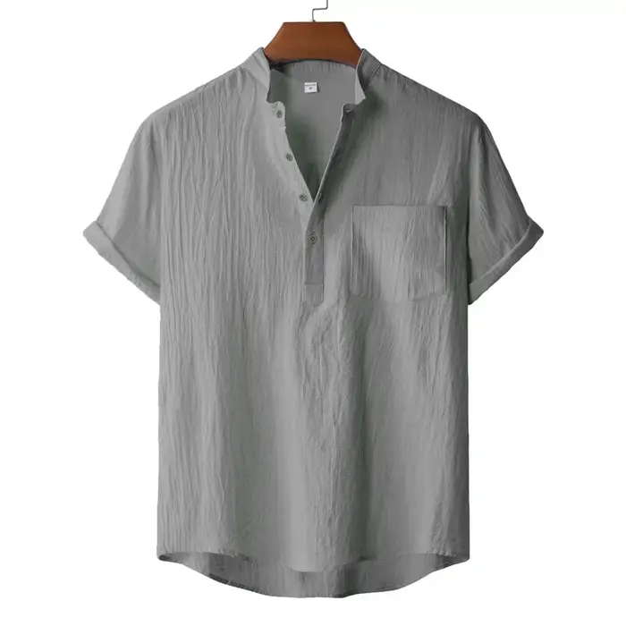 T-shirt d'été en coton et lin pour hommes, Style plage, manches courtes, col Henley, vacances hawaïe