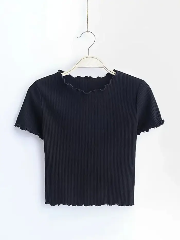 Vintage bois oreilles O cou à manches courtes T-shirt 2025 nouvelle femme coupe ajustée T-shirt serr