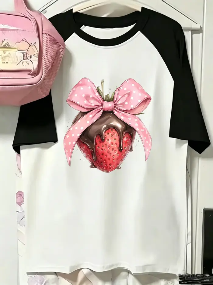 T-shirts tendance à motif fraise pour femme et fille, été, style années 90, manches courtes, streetw