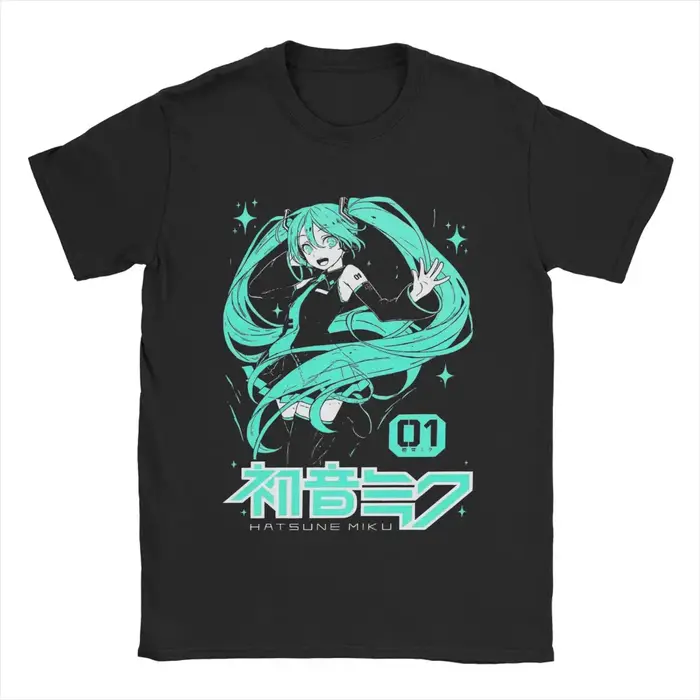 Hatsune Miku Anime T-shirt en coton pour hommes, haut esthétique à col rond et manches courtes