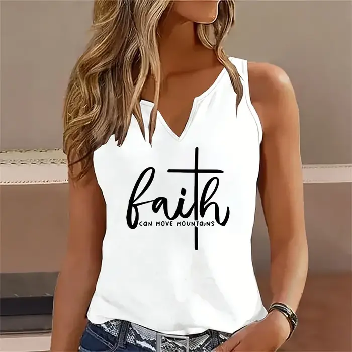 Débardeur sans manches imprimé « La foi peut déplacer des montagnes », T-shirt col en V, Gilet, T-sh