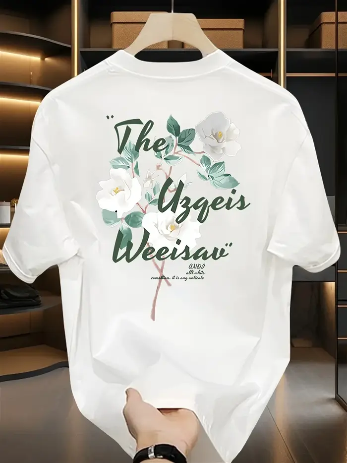 T-shirt pour homme 100% coton, imprimé camélia simple délavé. Coupe ample, doux et confortable pour 
