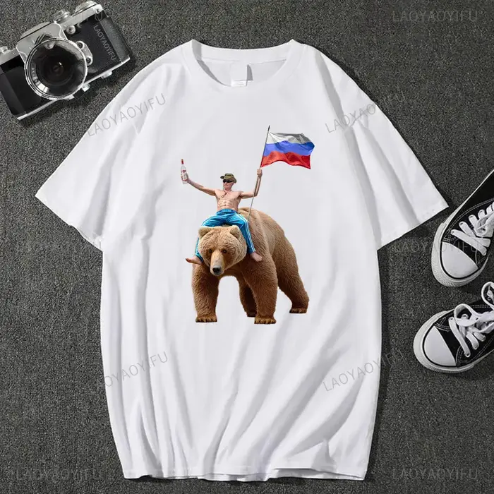 Classique poutine Vodka ours homme russe coton t-shirt Vladimir